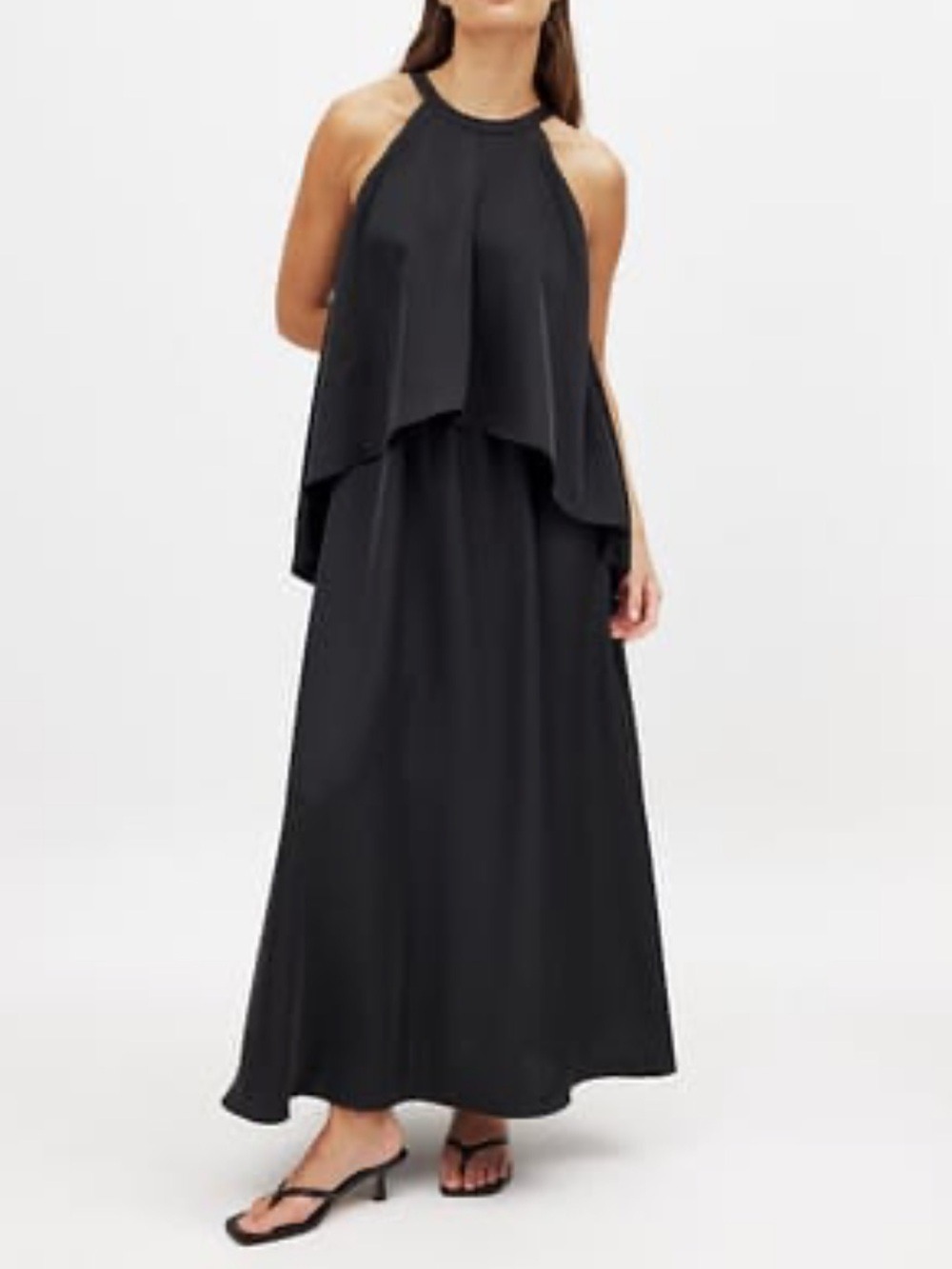 HALSTON Black Ruffle layer Maxi Dress gown Spaghetti Straps size medium
